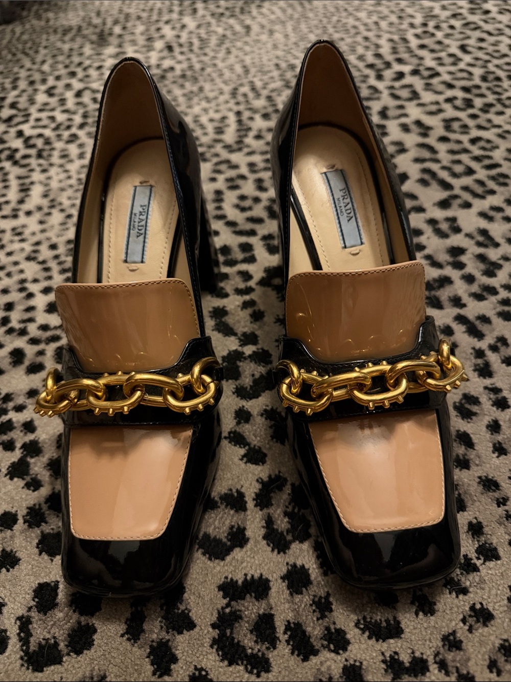 Prada Black Patent Leather Heels with Tan Panels and Gold Chain size 37 1/2